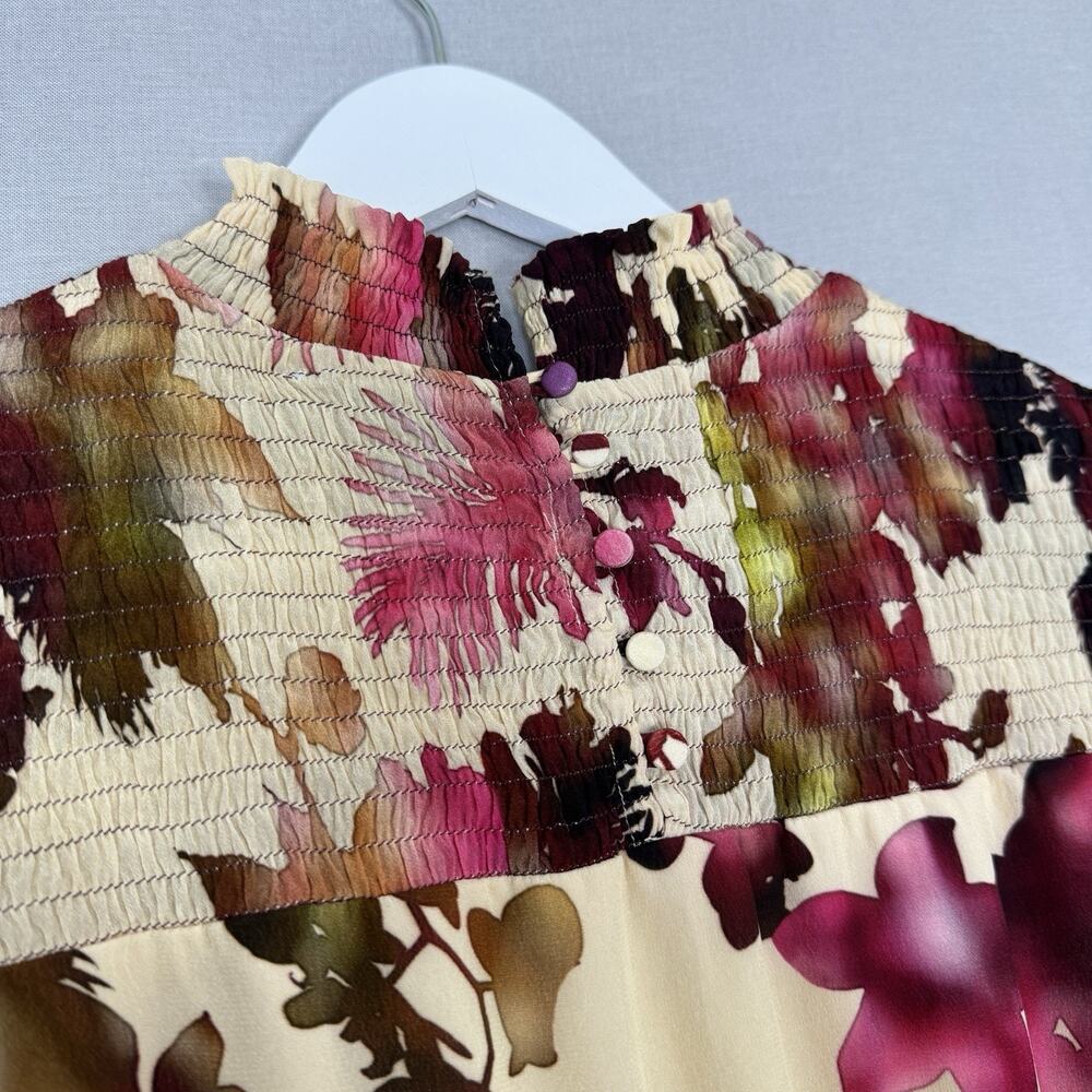 Vineet Bahl Watercolor Hibiscus Mini Dress Womens Small Cream Pink‎ Smocked Boho - Picture 10 of 16
